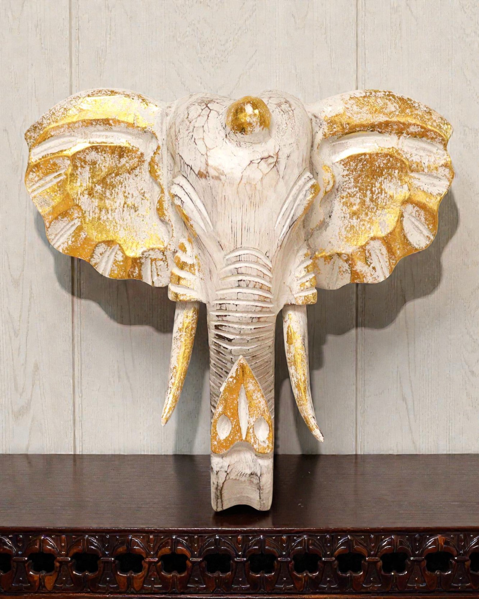 Cabeça Grande de Elefante 29x26 cm – Branco e Dourado