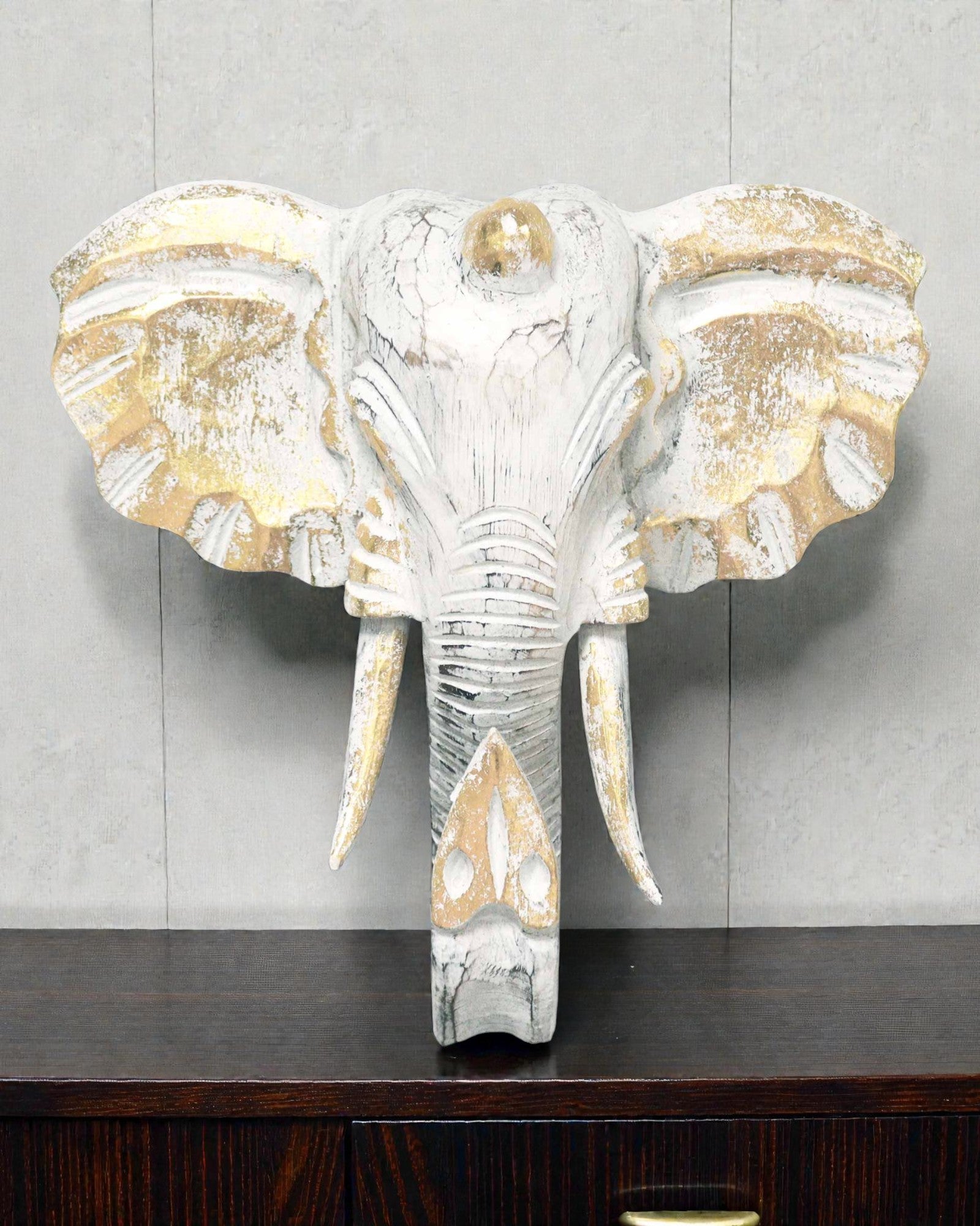 Cabeça Grande de Elefante 29x26 cm – Branco e Dourado